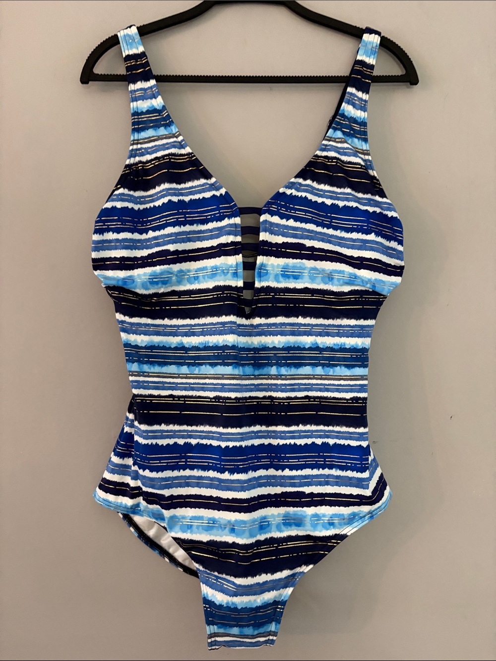 Striped Blue One-Piece Swimsuit with V-Detail